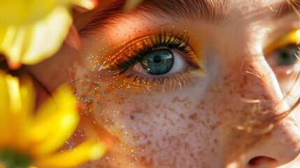 close up di modella con lentiggini, glitter e ombretti sull'occhio
