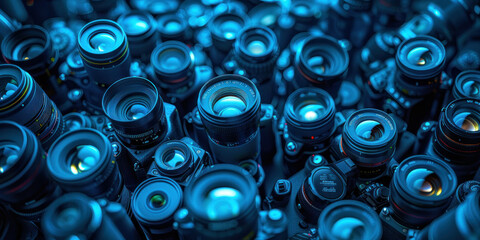 Collection of camera lenses with glowing blue lights in center of image for photography book cover
