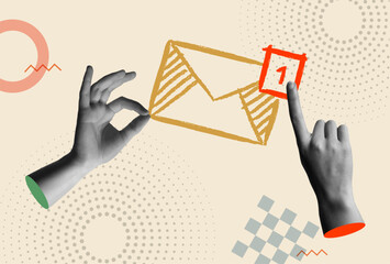 Inbox mail message notification and hand in retro collage vector - obrazy, fototapety, plakaty