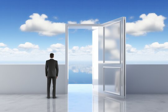 A businessman stands before an open door, symbolizing opportunity and freedom. It's a surreal