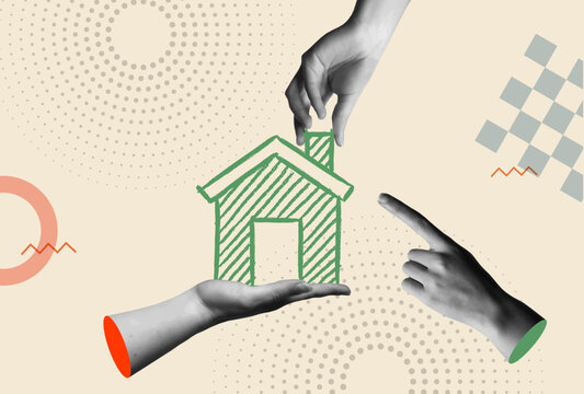Hands holding family home in retro collage vector illustration