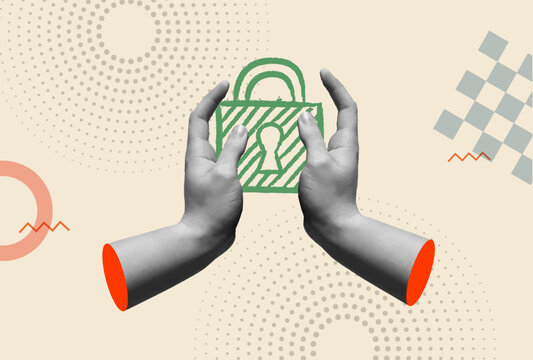 Security padlock and human hands in retro collage vector illustration