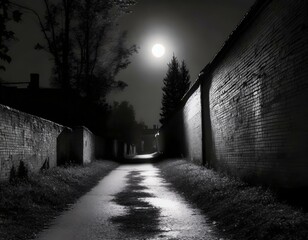 Black and white image of a dark alley under a full moonlight generated with wines and tress on the sides