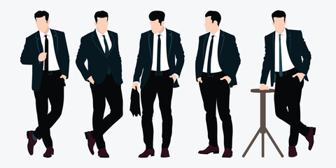 Businessman standing with hands in pockets. Confident cheerful businessman character illustration. Happy businessman vector. A group of businessmen standing poses isolated on a white background.