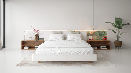 minimalist modern white bedroom, white linen with modern deco