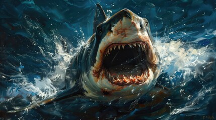 Artistic Ocean Predator Portrait. Hyper-Realistic Shark Painting with Dramatic Details.
