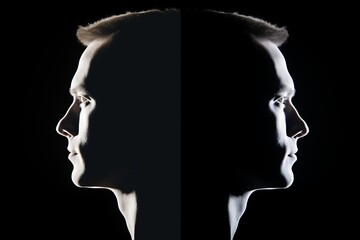 Split personality duality, individual psychology mental concept. Head face human portrait silhouette