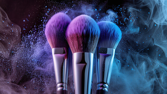 close-up of makeup brushes with purple and blue blush powder on black background, commercial or advertising shot