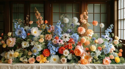   A table is adorned with a collection of flowers, situated before a window A pristine white tablecloth covers the surface