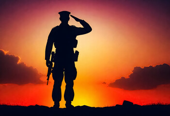 a silhouette of a soldier salute to the sunset sky