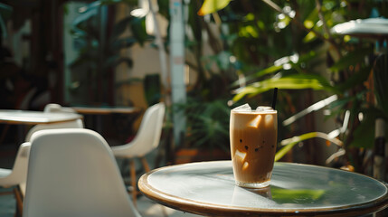 Fototapeta na wymiar A glass of iced coffee in a quiet, tree-lined café (Generative AI)