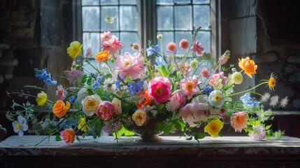 Fototapeta na wymiar A vase of flowers on a table near a window A butterfly flies over the windowsill