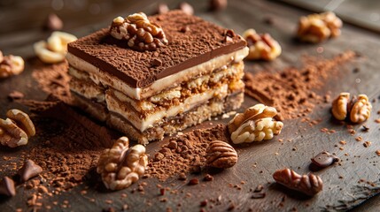 A decadent slice of tiramisu is garnished with walnuts on a wooden table scattered with cocoa powder