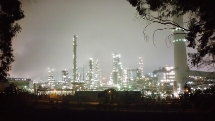 Illuminated industrial cityscape at night with many large buildings and structures in various shapes and sizes producing a glowing effect in the darkness with a tree in the foreground