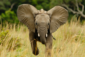 A baby elephant is running through tall grass. The elephant has large ears and a long trunk. scene is peaceful and serene, with the elephant moving gracefully through the tall grass. flying elephant