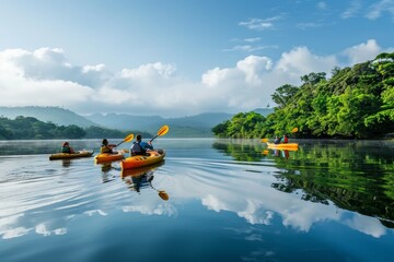 A group of friends setting off on a kayaking adventure, their paddles dipping into calm water reflecting the lush green shoreline