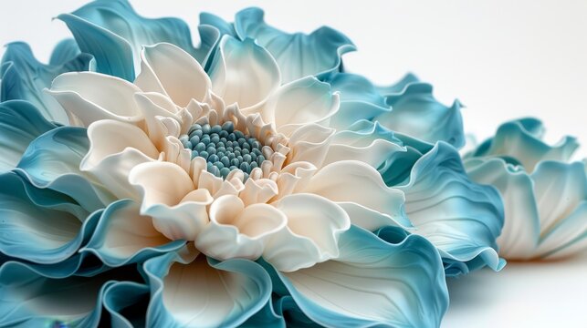   A tight shot of a blue-and-white bloom; its center boasts a pristine white circle encircled by shades of blue