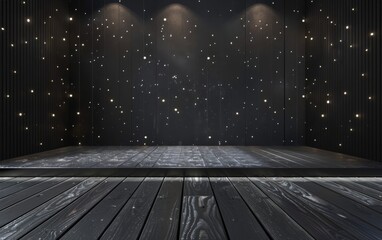 a platform background on a dark black floor with black panels with white dots - obrazy, fototapety, plakaty