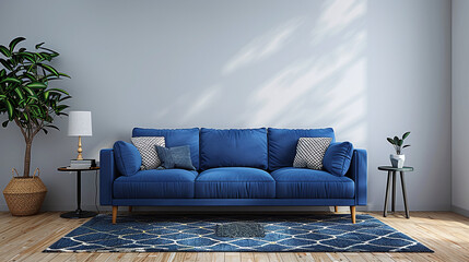 blue sofa in a modern minimalist living room, space for artwork or canvas