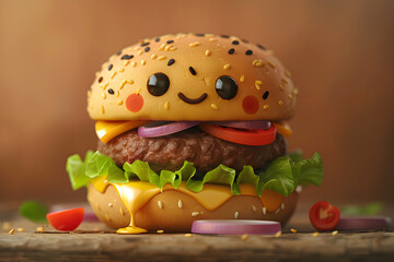 Beef burger with cheese, tomatoes, red onions, and lettuce. Funny hamburger character illustration for pizzeria, cafe, fast food, or kids menu.