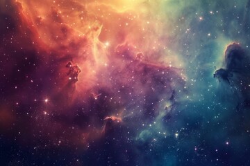 A star nursery within a nebula, with simplified star shapes and a vibrant, childlike color scheme - obrazy, fototapety, plakaty