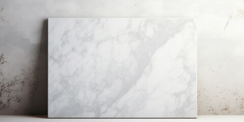 White empty marble board on light wall background. Mockup. Space for your design.