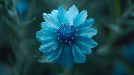   A tight shot of a blue bloom against a backdrop of green foliage, with a hazy flower figure in the front