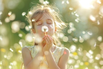 Girl Blowing Dandelion Seeds in Golden Hour Sunlight
