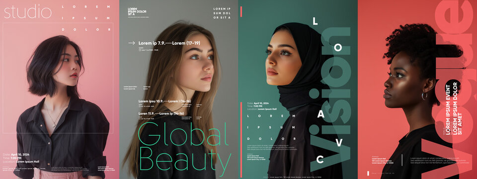 Four diverse and elegant posters depicting women, merged with typographic design, portraying the theme of global beauty.