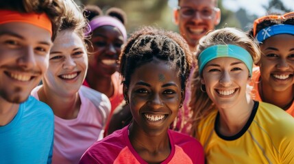 Close-up: A diverse group of runners wearing colorful charity shirts