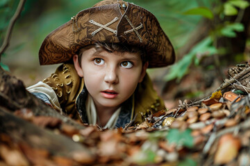 A boy dressed as a pirate searching for hidden treasure.