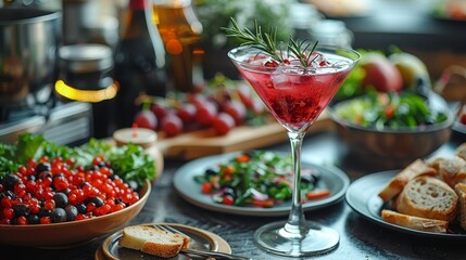   A tight shot of a table bearing a plate of food, a glass of wine, and a bowl of salad