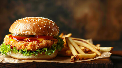 Delicious Crispy Chicken Burger and French Fries