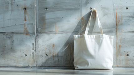 blank white tote bag against concrete wall, put your brand logo or design