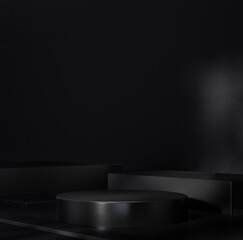 Dark minimal scene for product display presentation. Realistic 3d black product podium on dark...