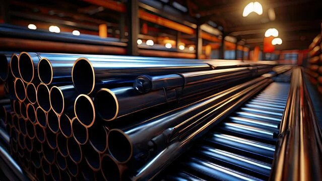 Steel pipes of different diameters in the warehouse of pipelines and spare parts for oil refining petrochemical equipment