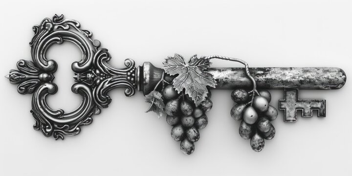 A unique image of grapes hanging from a metal key. Can be used for creative projects