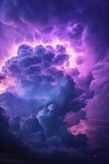 Dramatic thunderstorm, lightning strikes illuminate vibrant purple clouds