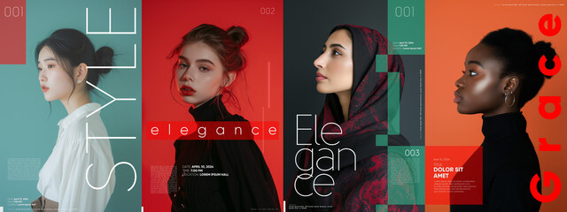 Elegant poster series highlighting women's beauty with a harmonious blend of typography and portraiture against vibrant backdrops.