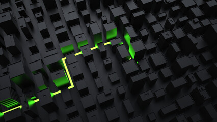 Abstract black cityscape with green line navigating through it