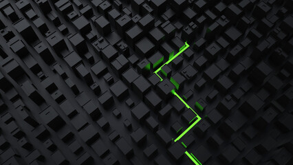 Abstract black cityscape with green line crisscrossing it