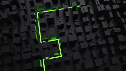 Abstract black cityscape with green line shooting across it