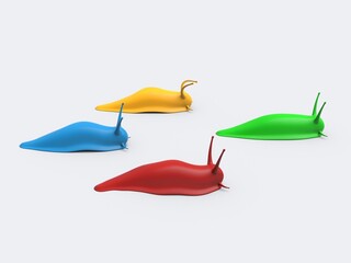 Cartoon colorful slugs in a race - green leading the race