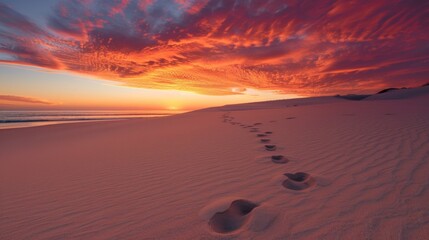 Footprints disappearing into the pristine sand, leading towards a horizon ablaze with a fiery sunset
