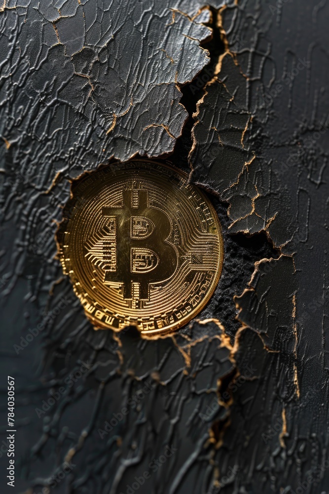 Poster a single bitcoin sitting on a cracked surface, suitable for finance and cryptocurrency concepts