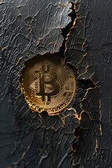 A single bitcoin sitting on a cracked surface, suitable for finance and cryptocurrency concepts