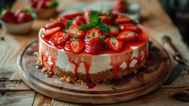 Delicious strawberry cheesecake on a rustic wooden board, perfect for food blogs or dessert recipes