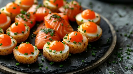   A dark table holds a plate with eggs, salmon, and scallops arranged on it