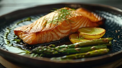 Fresh piece of salmon served with asparagus. Ideal for food and cooking concepts
