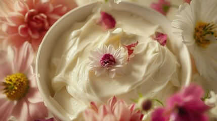 A bowl of whipped cream surrounded by flowers. Perfect for food and nature concepts